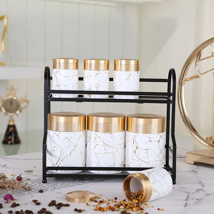 

Luxury gold white cylinder container cereals sugar kitchen storage seasonings jars set canning jam cookie ceramic jar with lid, Mix