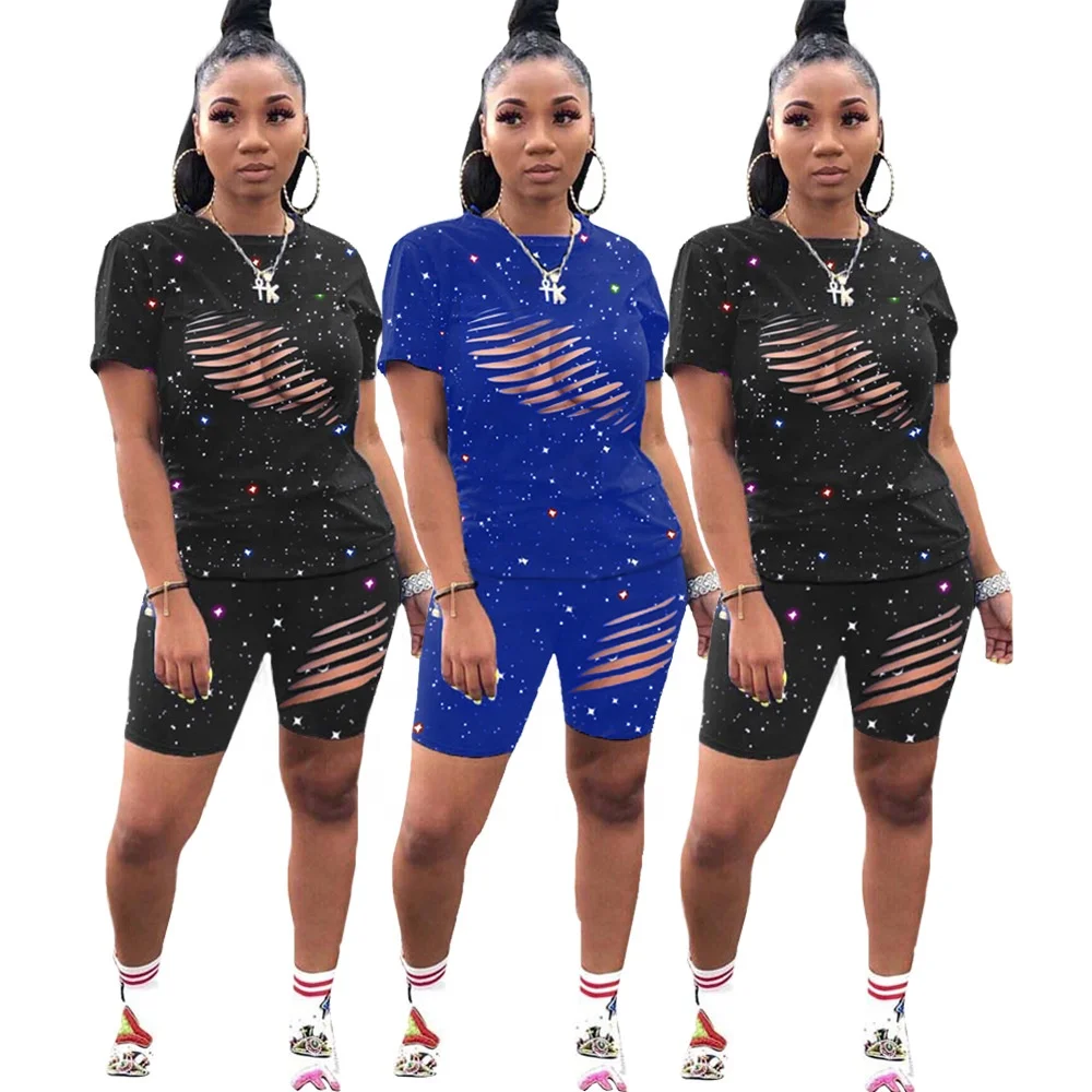 

MT374-7286 Hot sale fashion short-sleeve printed hole two-piece fashion sexy nightclub clothes women clothing sets