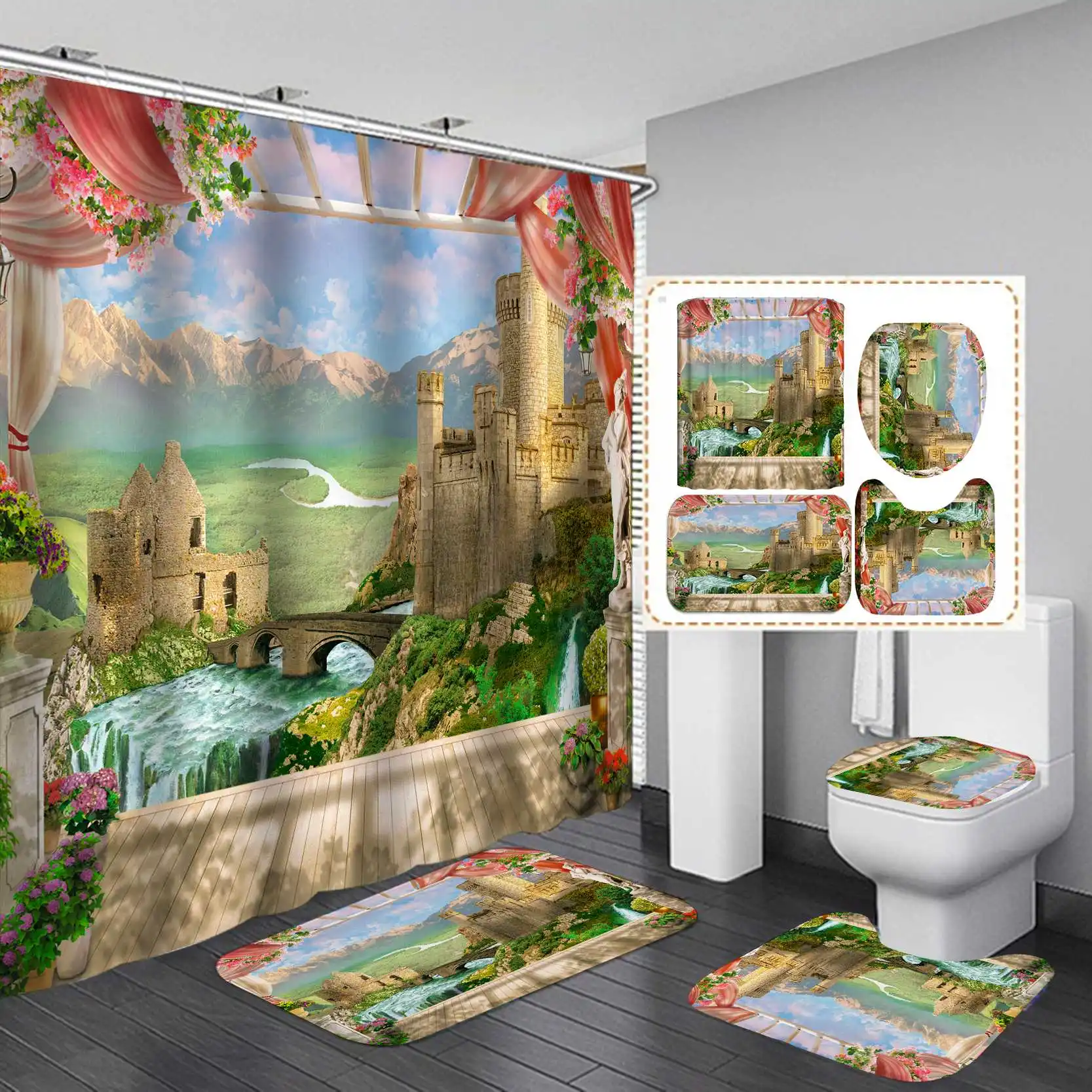 

Wholesale 100% polyester modern landscape printed bathroom mat set with shower curtain