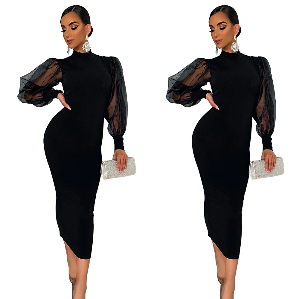 

2021 New Arrival Latest Dress Designs Sheer Mesh Transparent Lantern Sleeve Elegant Lady Solid Bodycon Women Dresses, Picture