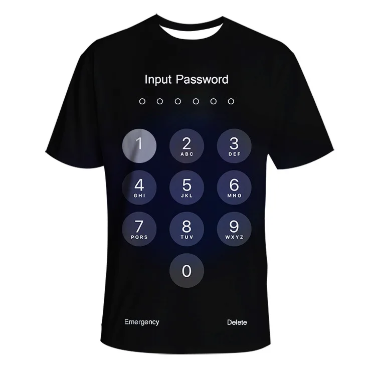 

Personalized 3D digital printed O-neck short-sleeved couple t-shirts about mobile phone unlock password interface