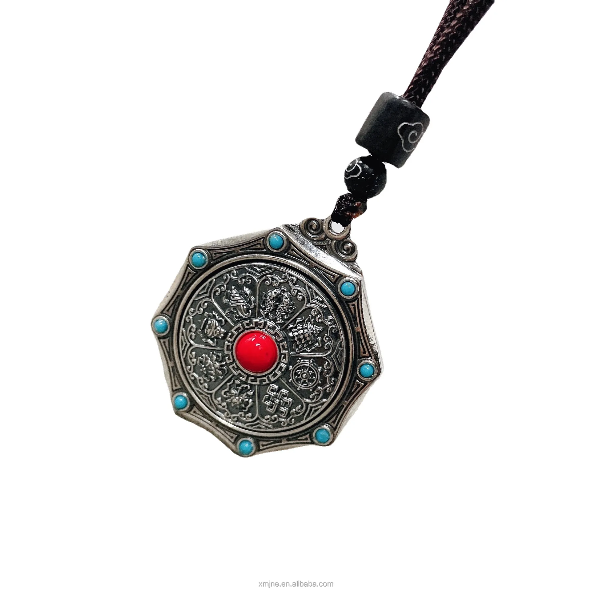 

Certified S999 Jiugong Bagua Sterling Silver Pendant Vintage Distressed Rotatable Inlaid Turquoise Taoist Silver Pendant