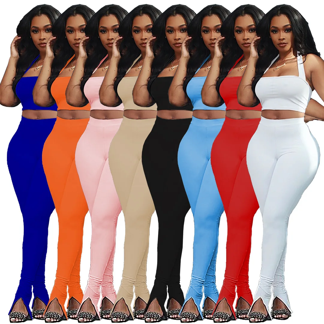 

XUQING Wholesale summer 2021 new solid halter crop top high waist two piece pants outfits set for women clothing, Photo shows