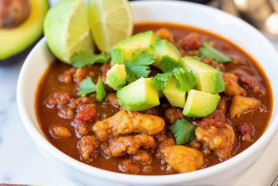 Finished bowl of easy chicken chili recipe with avocado, cilantro, and lime garnish served in white ceramic bowl