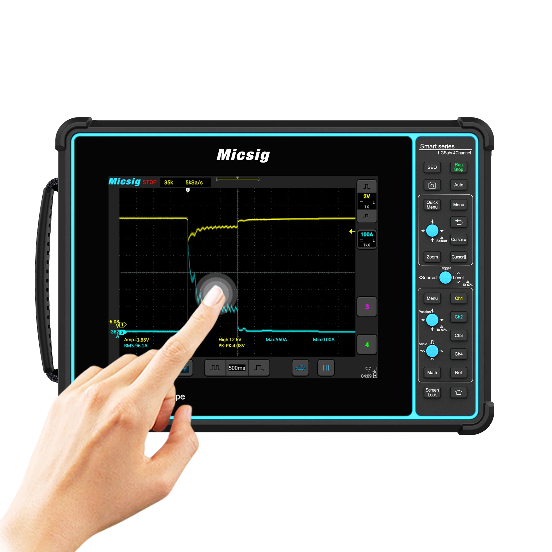 

SATO1004 Tablet Oscilloscope 4 channel Digital Oscilloscope 100MHz Bandwidth Handheld Full Touch 1GSa/s Sampling Rate Depth 70Mp