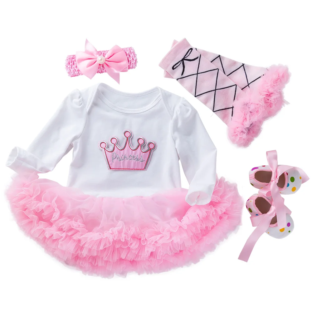 

2021 Short Sleeve Jumpsuits Infant Baby Clothing Hairband and Shoes 3pcs Girls Sets, Picture shows