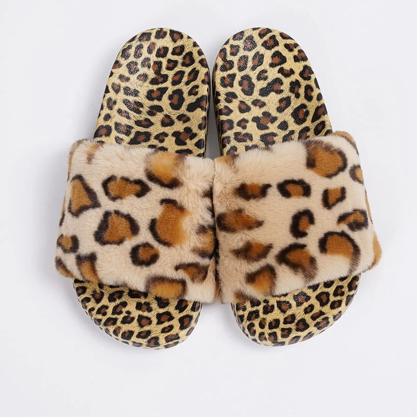 

New Fashion Ladies Flurry Fur Warm Slippers Shoes Open Round Toe Sexy Leopard Print Platform Casual Daily Sandals for Women