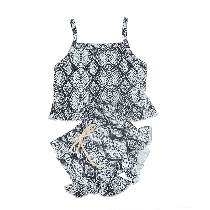 

new style kids boutique clothing girl summer serpentine printed shorts suit Girls' Shoulder strap Ruffle suit girls Boutique