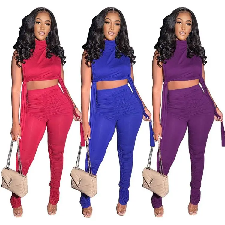 

D96850 New Arrival 2021 summer high neck solid color short sleeve Women Sets Two Piece Women Clothes