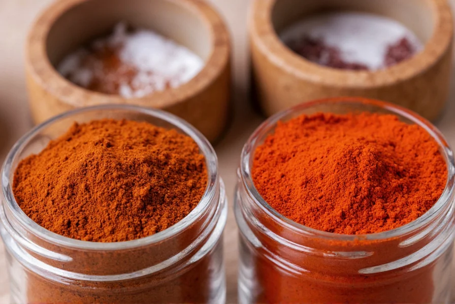 Close-up comparison of chili powder and cayenne powder in spice jars showing color differences