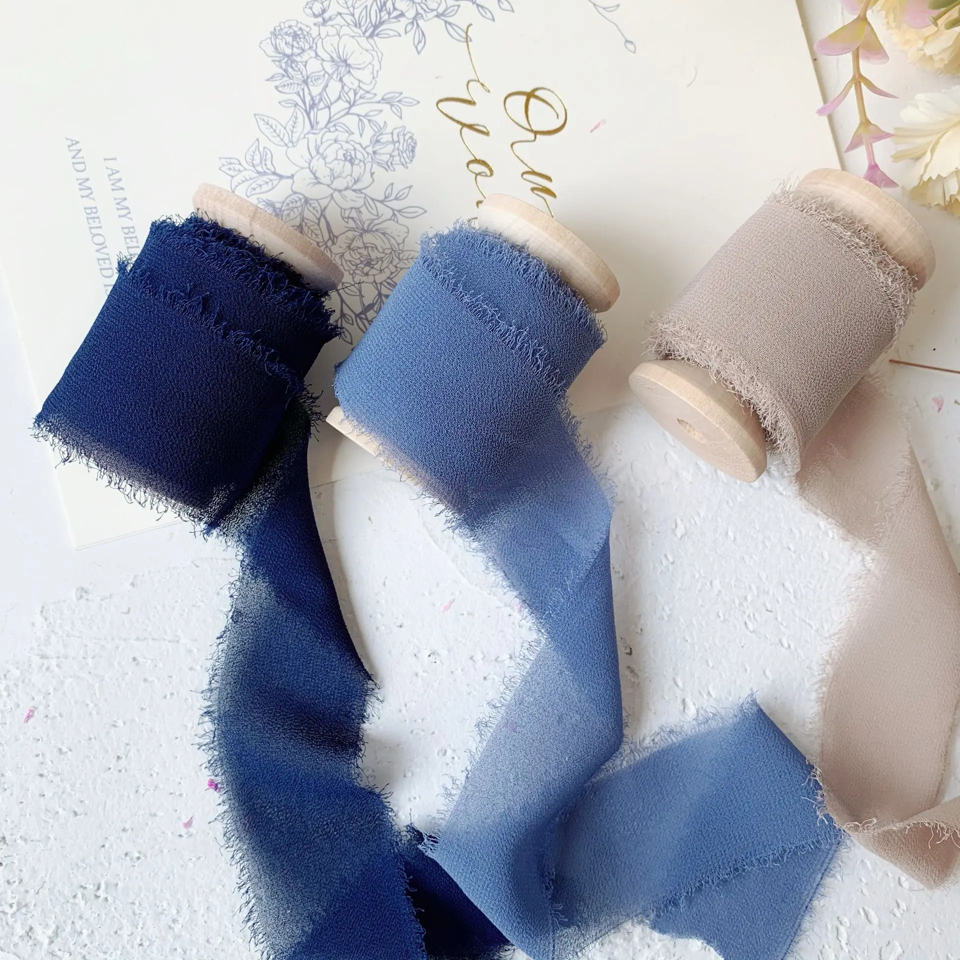 

20mm-80mm polyester chiffon pure silk crepe habotai frayed edged ribbon hand made for wedding packgaed ribbon, Solid