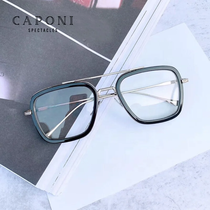 

CAPONI Men's Photochromic Glasses Anti Blue Light Computer Optical Glasses Tony Stark Clear Lens Eyeglasses Frame Women BSF6618, Silver/gold