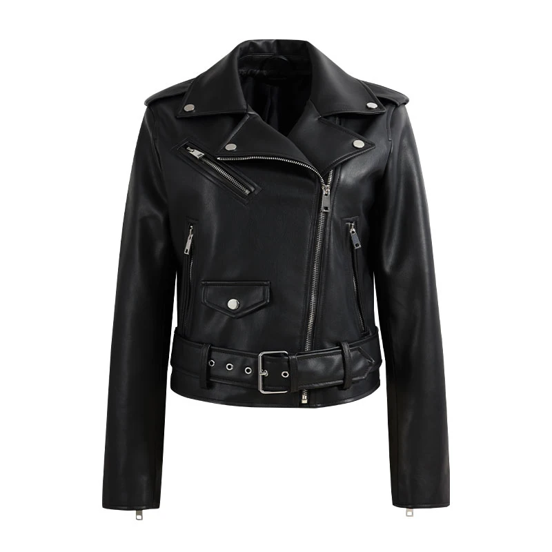 

Women Autumn Pu Leather Jacket Moto Biker Faux Leather Jacket With Belt Long Sleeve Zipper Female Coat