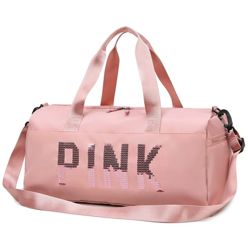 

Waterproof Nylon Fabric Sequin Pink Logo Womens Fitness Travel Gym Sport Wet Pocket Shoes Compartment Storage Duffel Bag, 5 colors