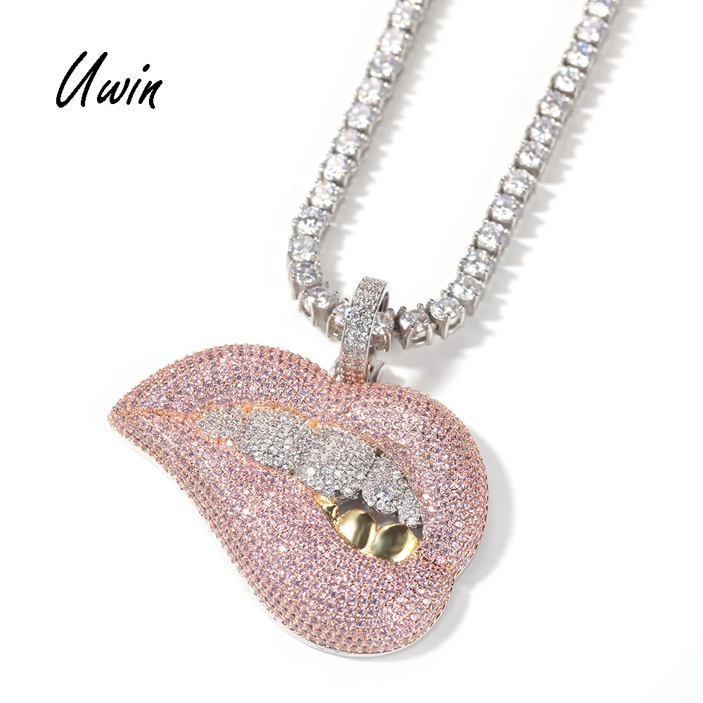 

Hip Hop Women Brass CZ Diamond Lip Necklace AAA Pink Zirconia Lips Pendant Necklace Rapper Jewelry