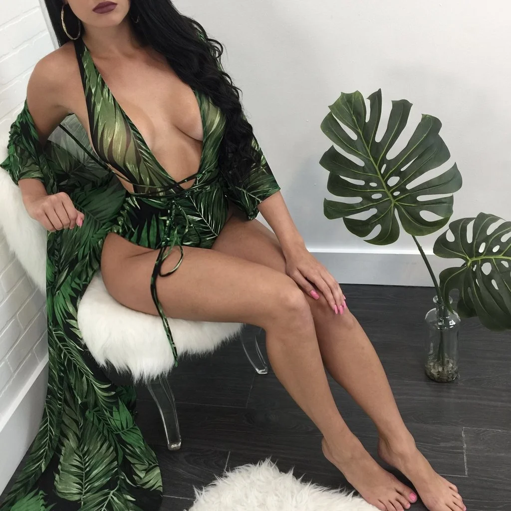 

Spring 2021 Leaf Print Long Sleeve Blouse Cape + Two Piece Set Woman Swimwear Bikini Swimsuit
