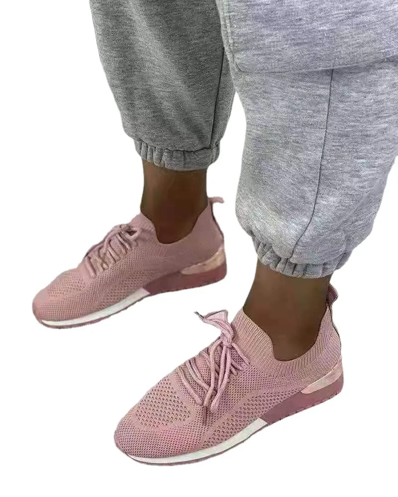 

New style mesh lace-up flying shoes women foreign trade large size single shoes casual sports women shoes, Black white khaki pink