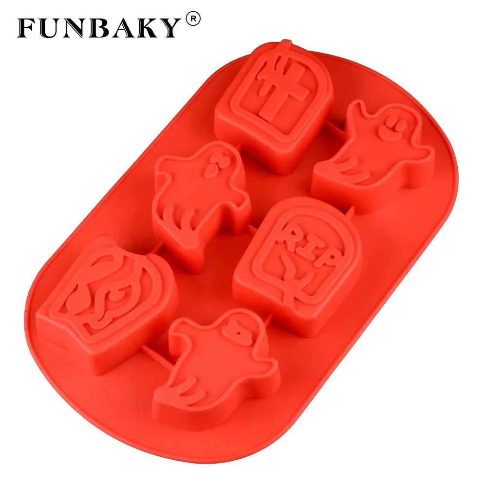

FUNBAKY JSC469 BPA free multi - cavity cake mold silicone ghost tombstone shape cookies candle mould Halloween style cake decor, Customized color