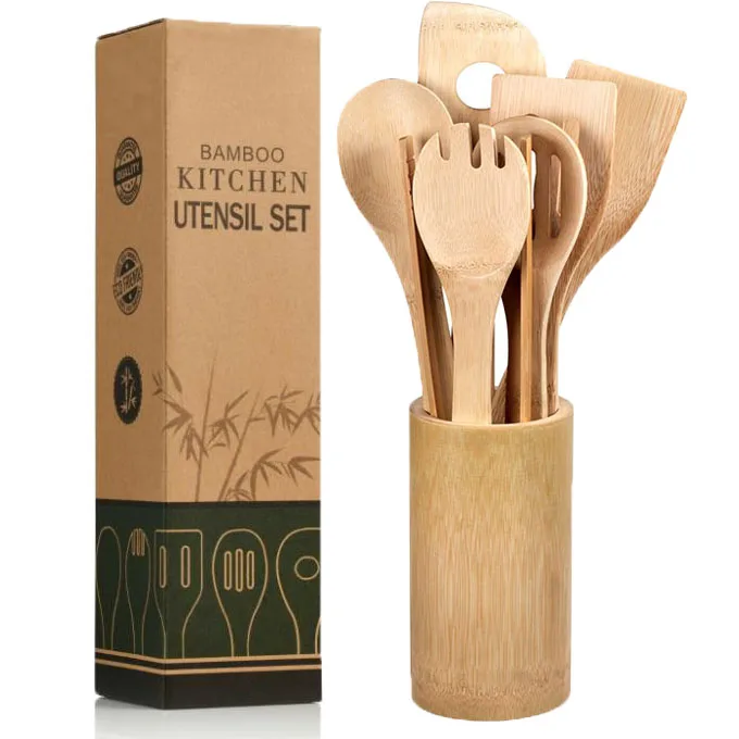 

Newest Amazon Hot Sale Food Grade Organic Custom Logo Kitchen Serving Bamboo Cooking Utensils Set With Packing Box