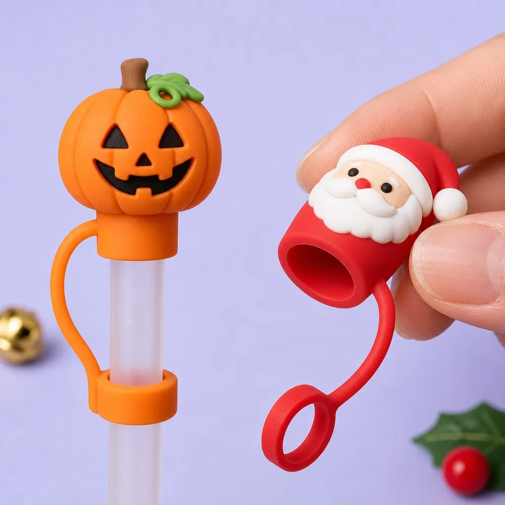 Santa Claus and Pumpkin Silicone Straw Covers Inner Cavity in Hand