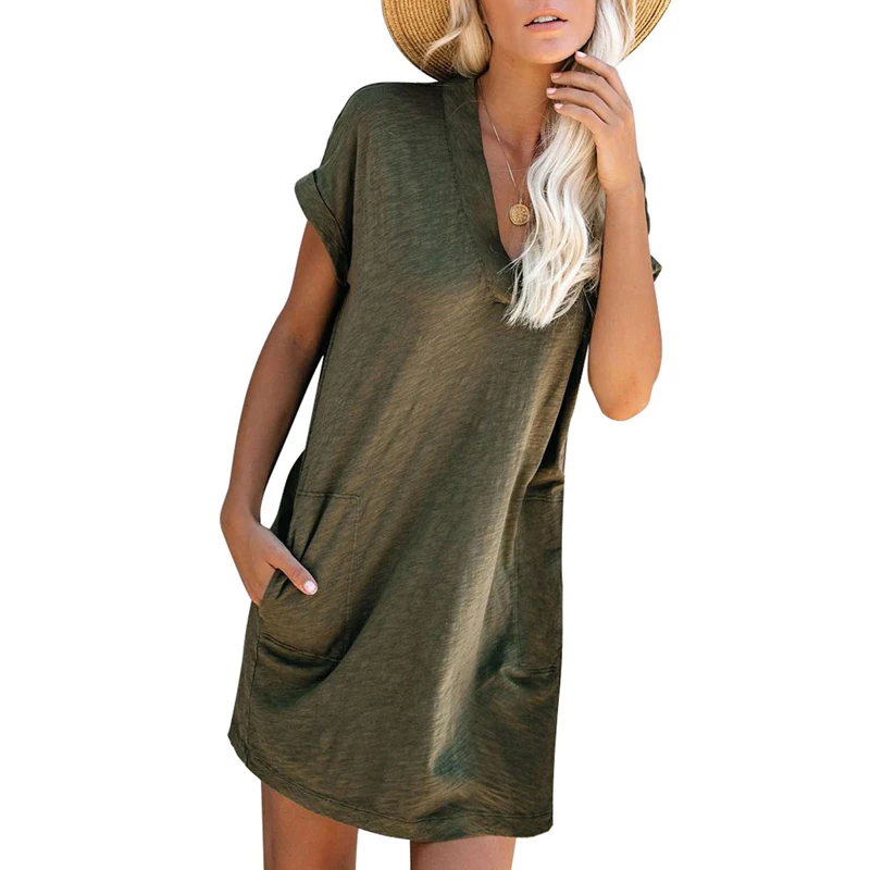 

Summer Lady Solid Above Knee Mini V Neck Short Sleeve Came To Play Cotton Blend Pocketed T-Shirt Dress