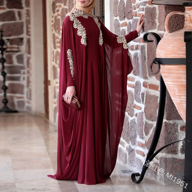 

New designs Arab chiffon bat sleeve maxi abaya kaftan evening dress for women, 4 colors