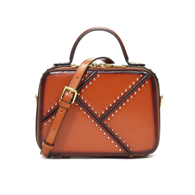 

TS8143 Handle Rivet Luggage Zipper Bag fashion Genuine Leather Shoulder Messenger Bag For Girls Ladies Handbag for women