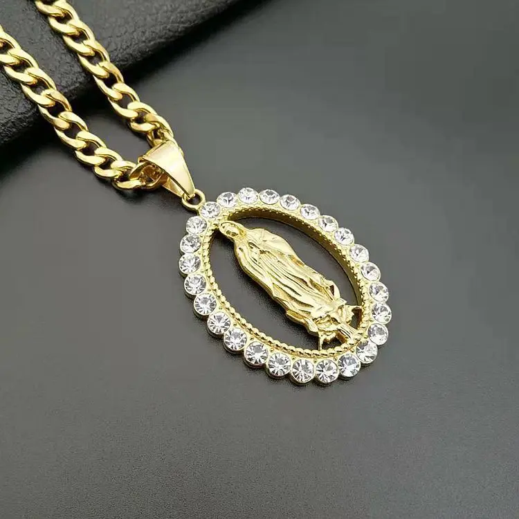 

Religious Christian Jewelry Women Hips Hops Gold Color Stainless Steel Bling Rhinestone Iced Out Virgin Mary Pendant Necklace