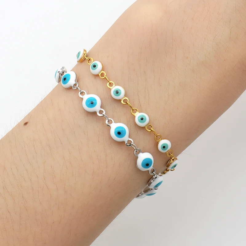 

2021 lastst jewelry women 18K gold plated blue eye set stainless steel round oval turkish evil eyes bracelet