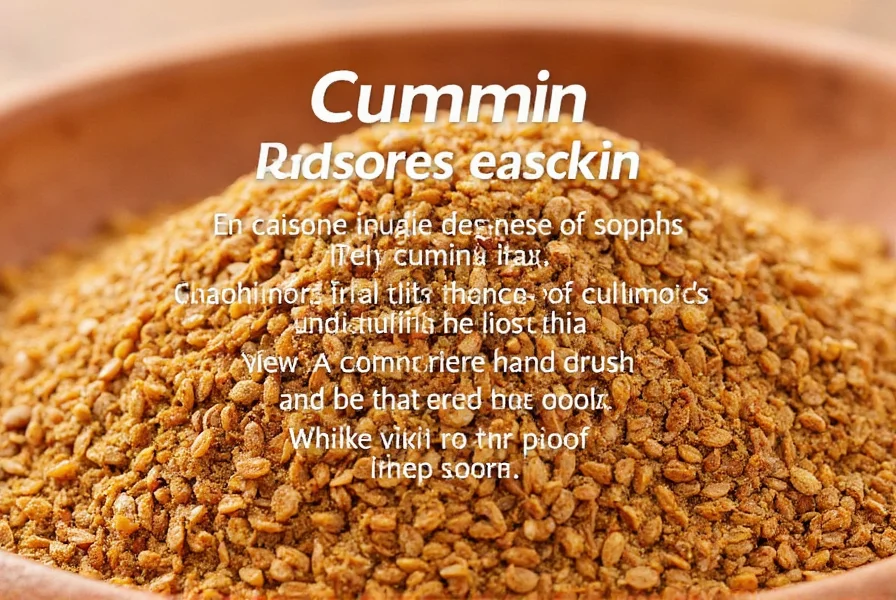 Close-up of cumin seeds in a spice bowl with pronunciation guide overlay