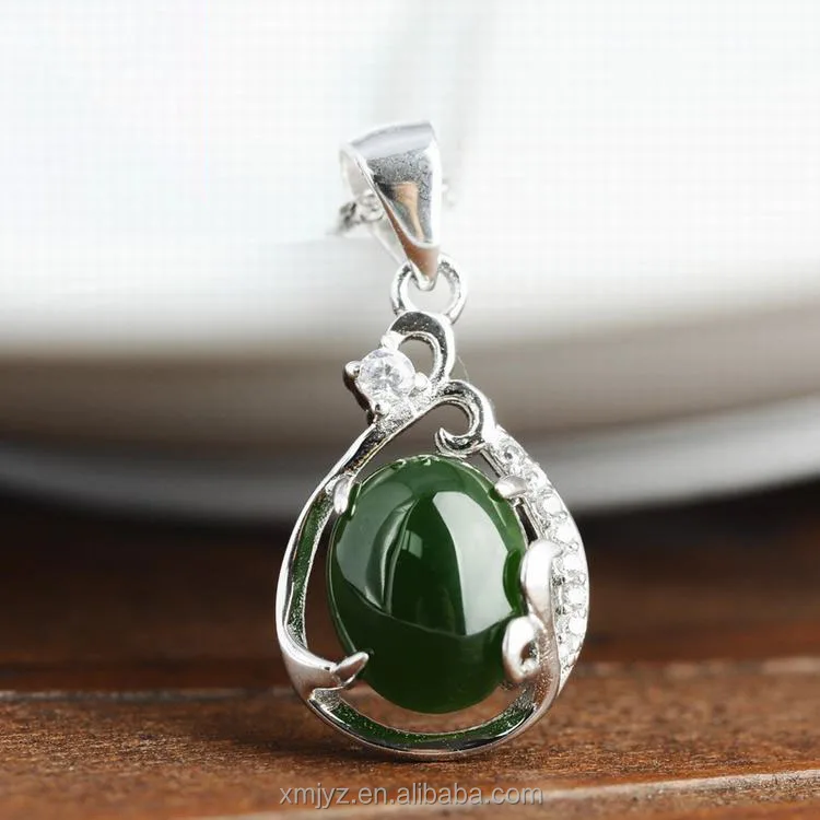 

Certified Hetian Jade Pendant Inlaid Spinach Green Jasper Pendant S925 Sterling Silver