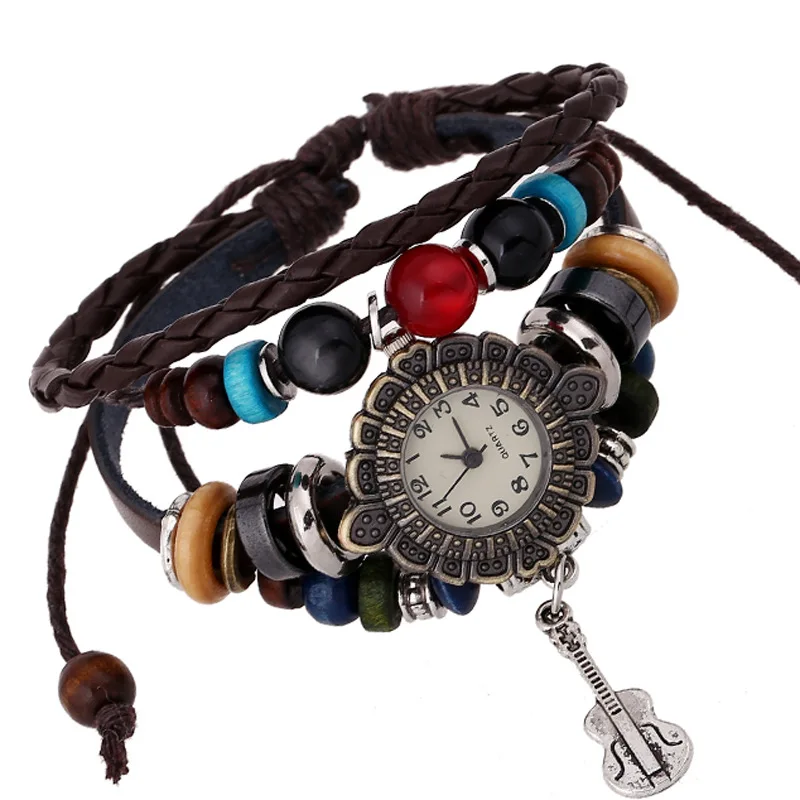 

Wholesale Beaded Guitar Leather Bracelet Watch Multilayer Metal Charm Watch Bracelet Jewelry