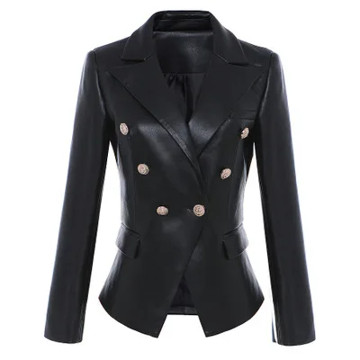 

2019 Spring Fashion Golden Buttons PU Black Blazer Women Ladies Blazer