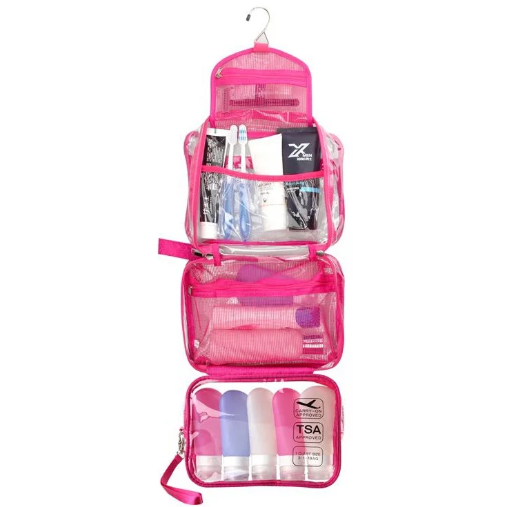 

Wholesale Custom Pink PVC Travel Clear Transparent Expandable Toiletry Makeup Cosmetic Bag With Hanging Hook For Girl, Transparent pink