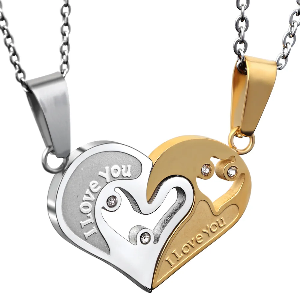 

Women Men Custom Stainless Steel Love Heart Puzzle Matching Necklace 202 Latest Design Couple Crystal Two Halves Heart Necklace