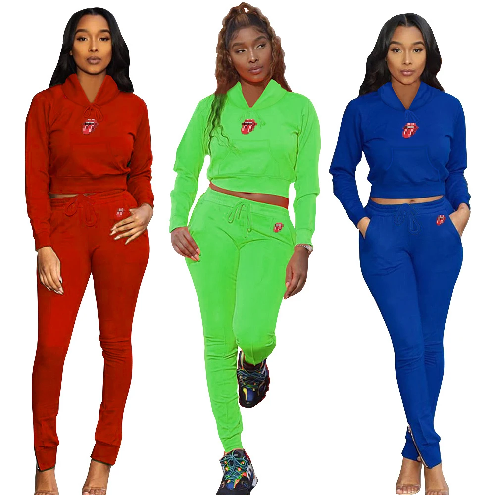 

2020 Fall two piece set sweatpants and crop top hoodies women sweatshirts, Blue/red/green