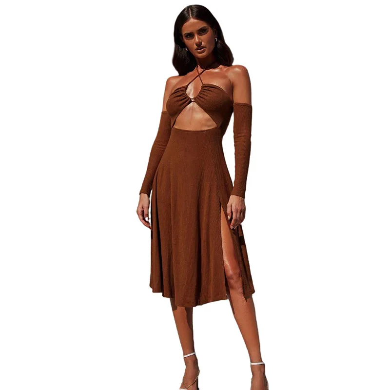 

2021 New Design Women Hang Neck Long Sleeve Sexy Halter Slit Dress, Customized color