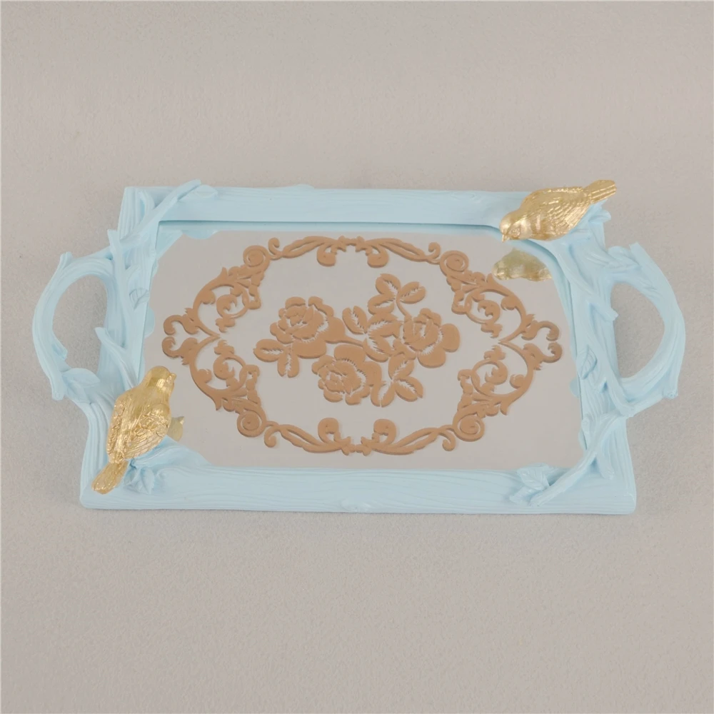 princess style pink resin frame mirror serving tray with pattern print