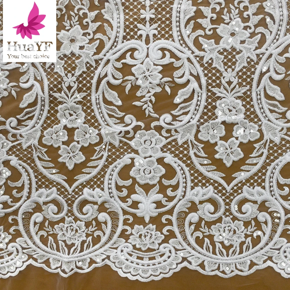 

2021 African pure white embroidered lace with sequins bridal french tulle lace fabric for women party dress HY1513