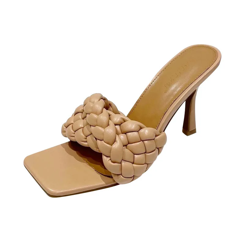 

2021 New Design Weave Women Slipper Ladies Thin High Heel Sandal Open Toe Slip On Summer Outdoor Slides Flip Flop Shoe