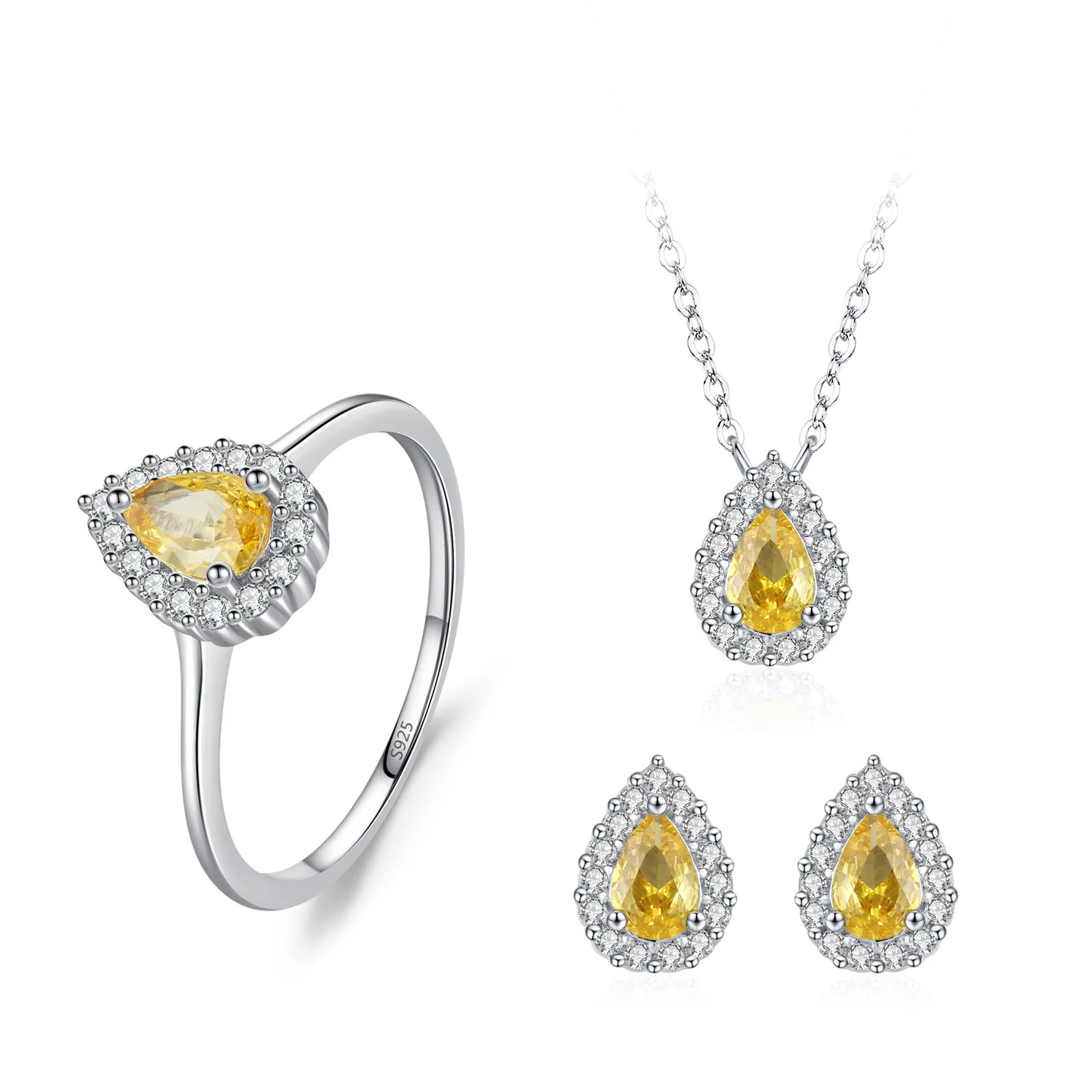 Fine Jewelry Engagement Bridal Diamond Jewelry Set 925 Sterling Silver Yellow Drop-Shaped Zirconia Ring Earrings Necklace Sets