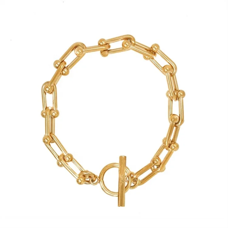 

Trendy Women Stainless Steel 18K Gold Plated Bold U Shaped Link Chain Bracelet with Toggle Clasp, Gold, rose gold, steel, black etc.