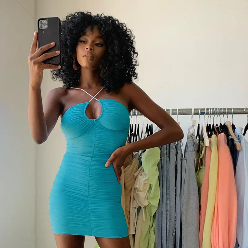 

Sexy Mini Solid Color Party Club Dress Fashion Hollow Halter V-neck Bodycon Dress Women 2021, Black / blue / white