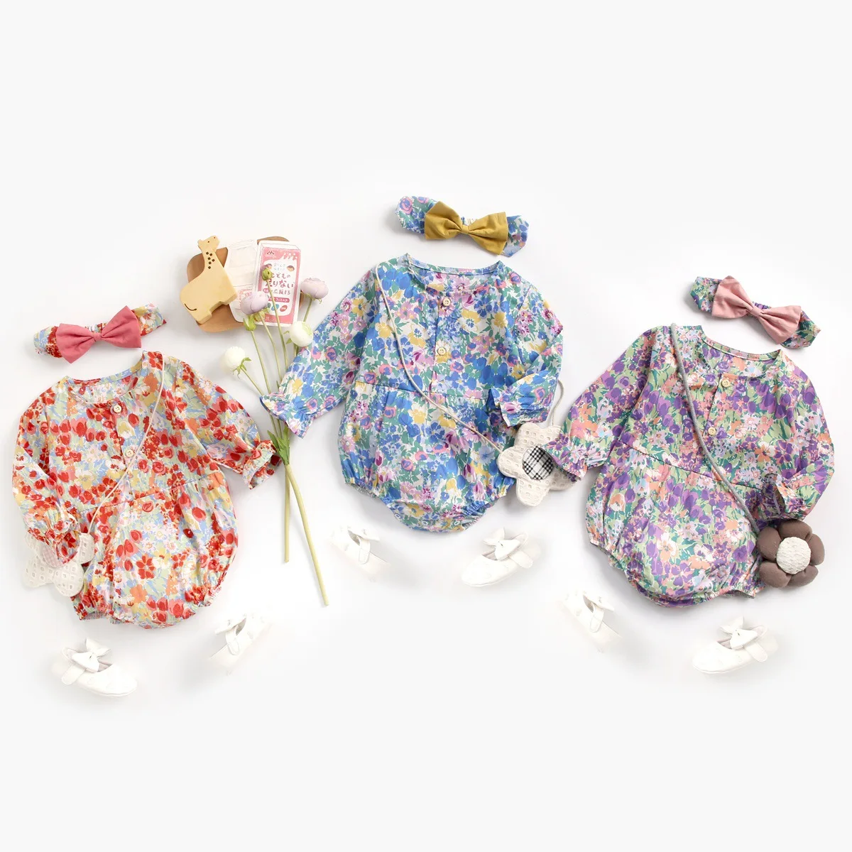 

Ins Baby Girls Cotton Floral Long Sleeve Romper With Bowknot Headband