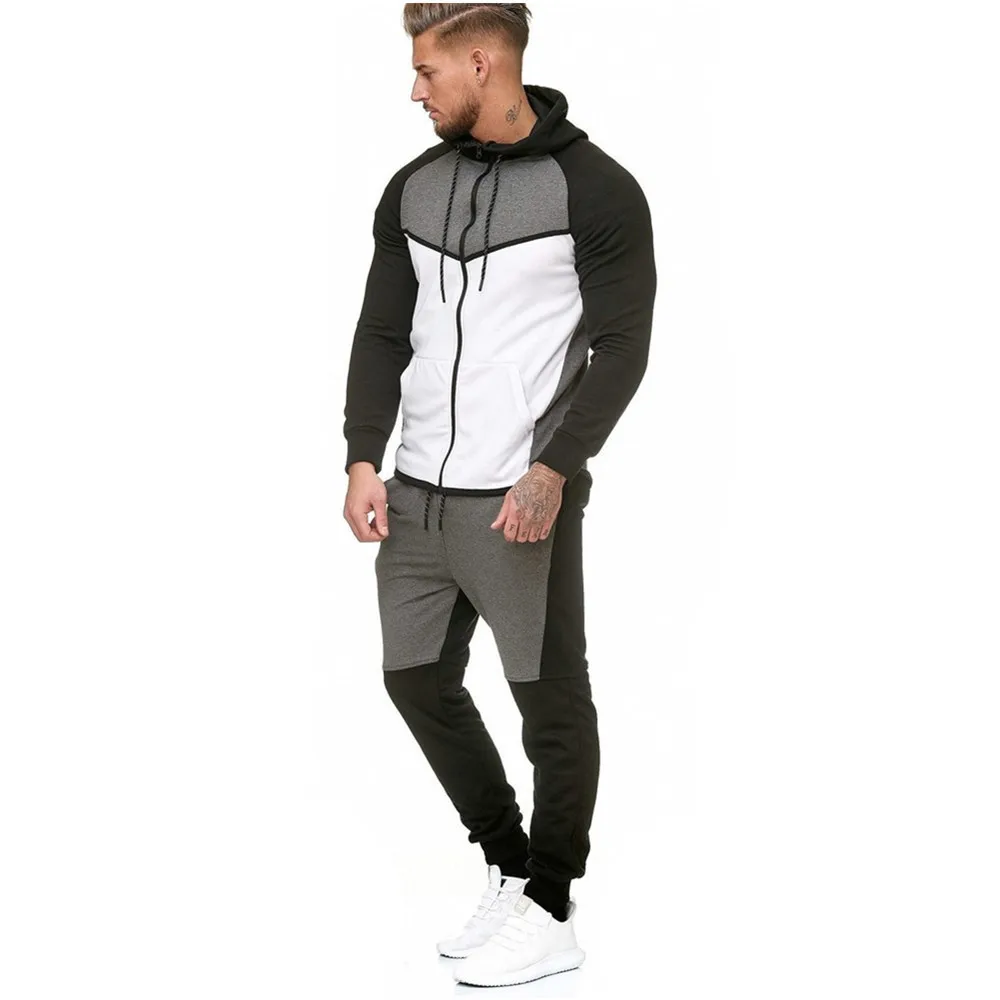 

Casual hooded colorblock cardigan sweater and drawstring pants men trendy sweatsuits, Picture