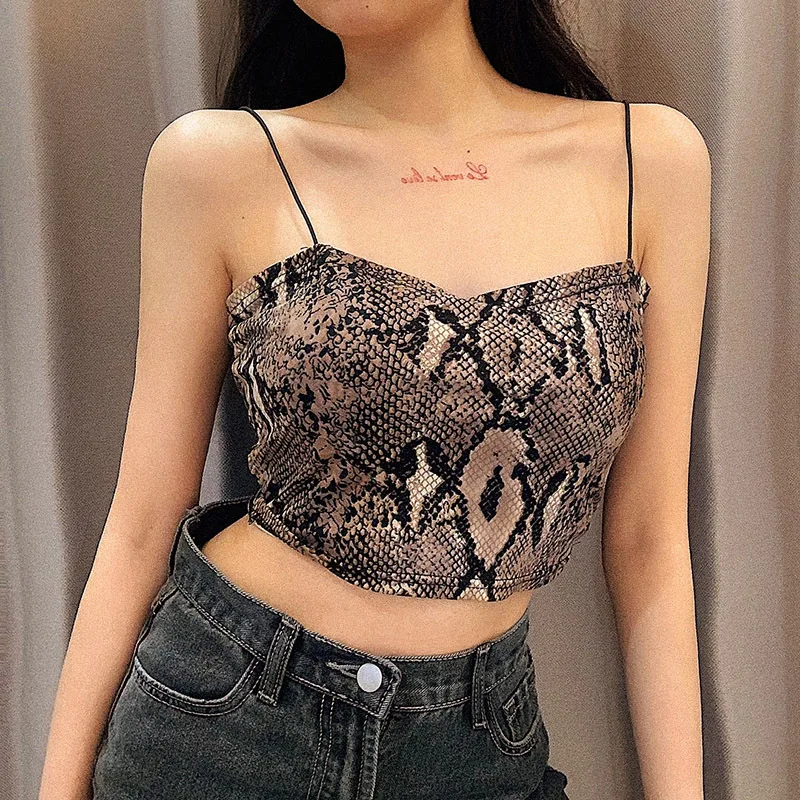 

2021 Summer Hot Sale in Europe and America Snake Pattern Sling Tube Top New Sexy Slim Top, Brown