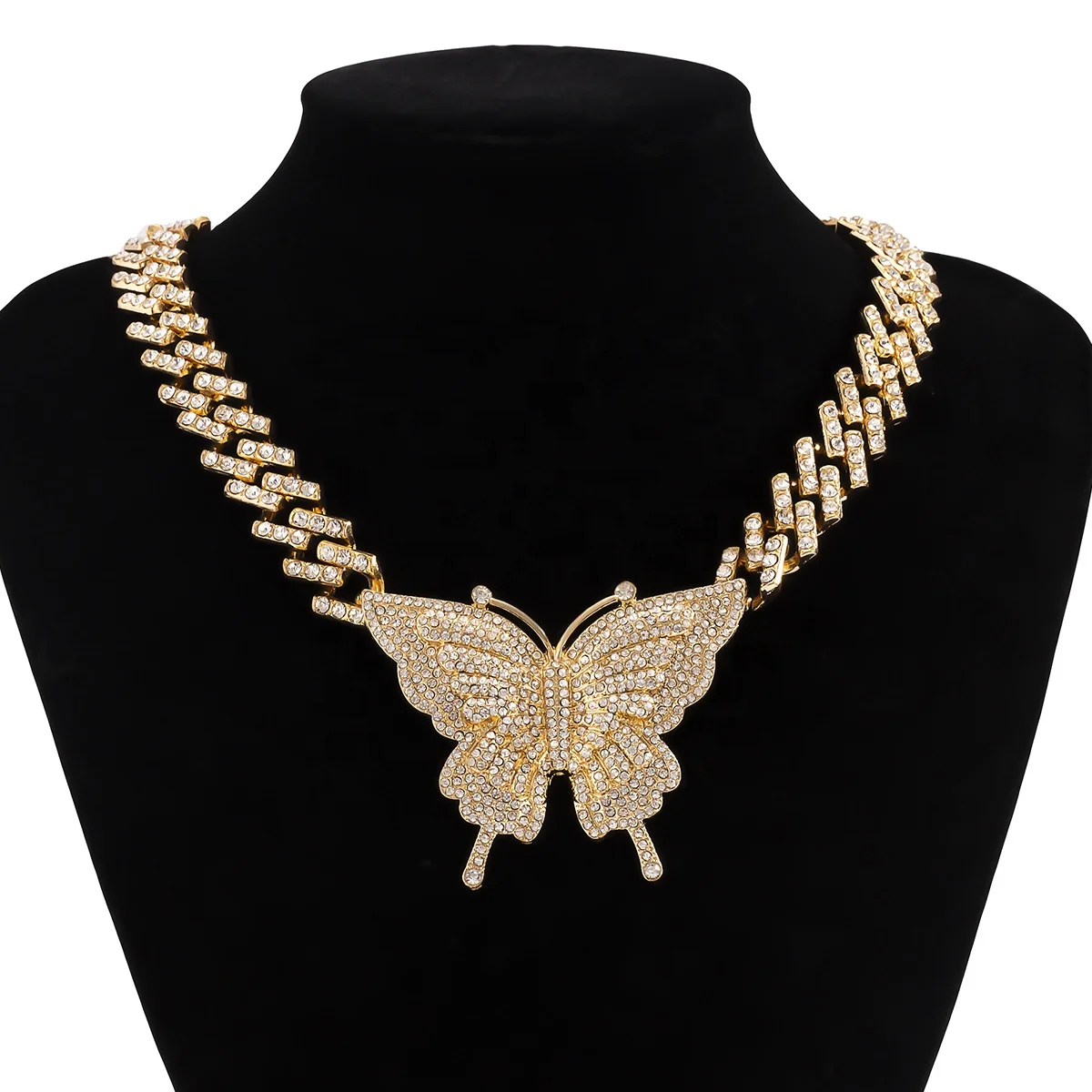 

Shiny Iced out Miami Cuban Link Chain Necklace Hip hop Women Big Rhinestone Crystal Butterfly Pendant Necklace Jewelry, Picture shows