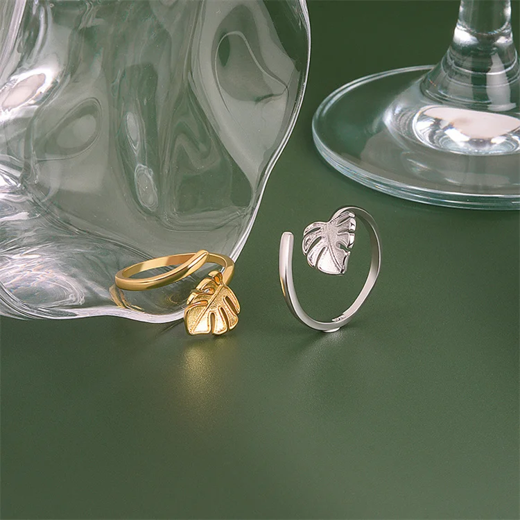 

Korean Style S925 Stamp Ivy Leaf Open Rings 18K Real Gold Plated Monstera Deliciosa Leaves Rings For Girls, Picture shows