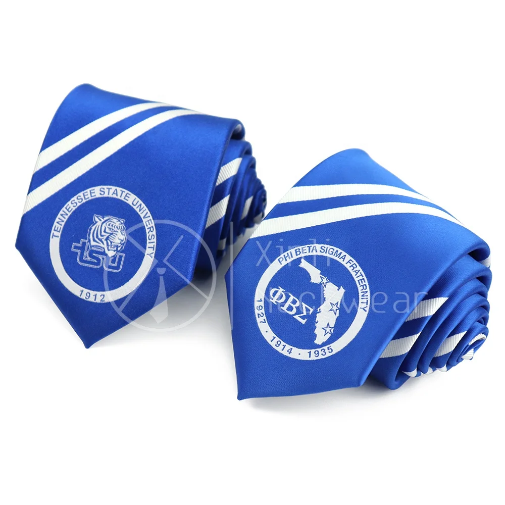 

Fashion Designer Royal Blue Striped Neckties Custom Silk Polyester Fraternity University Logo Embroidered Satin Tie for Men