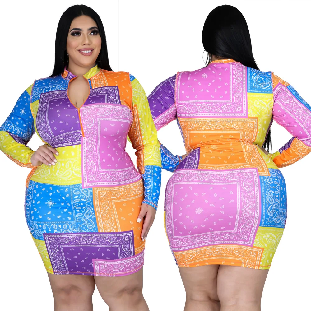 

2021 sexy short bag hip A-line dress female long-sleeved digital print pull collar dress new